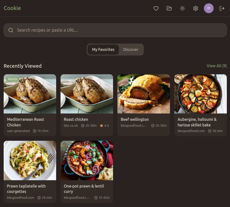 Home screen with recently viewed recipes