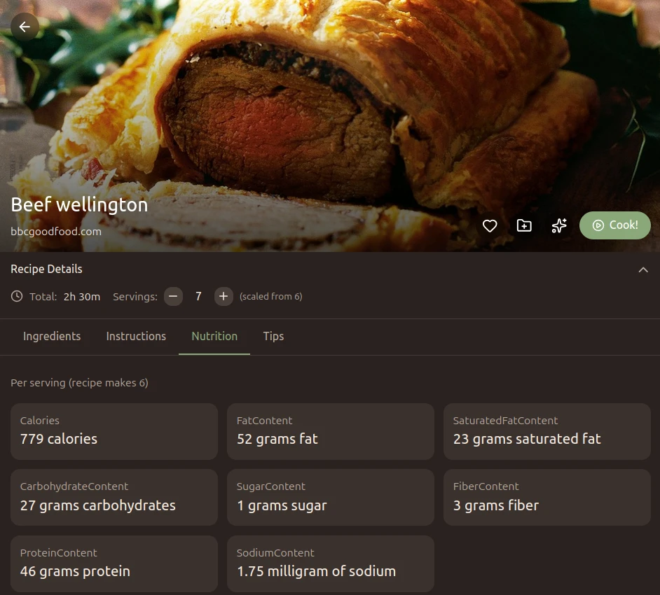 Recipe detail showing nutrition information