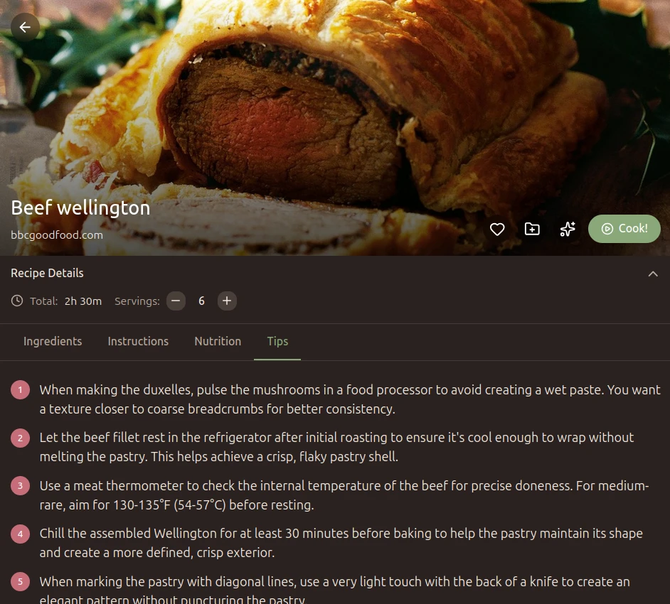 Recipe tips scrolled view