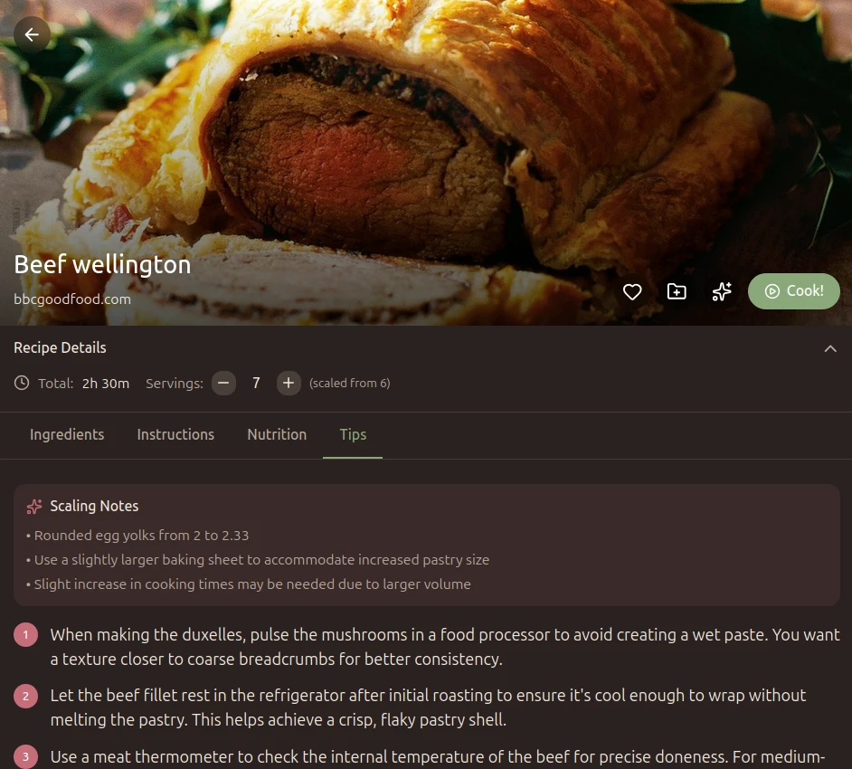 Recipe detail showing AI-generated tips
