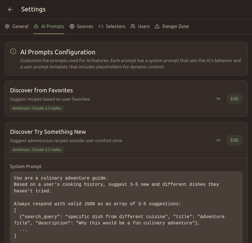 Settings page showing AI prompts configuration