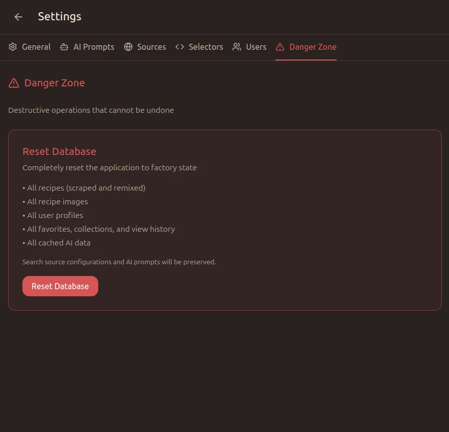 Settings page showing danger zone options