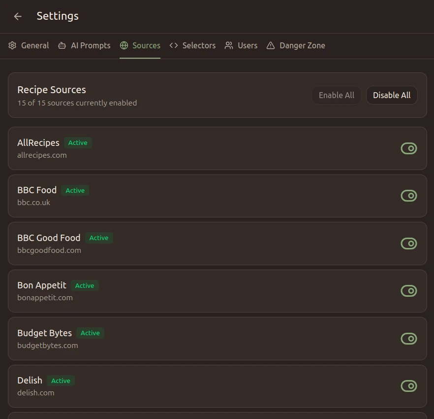 Settings page showing recipe sources