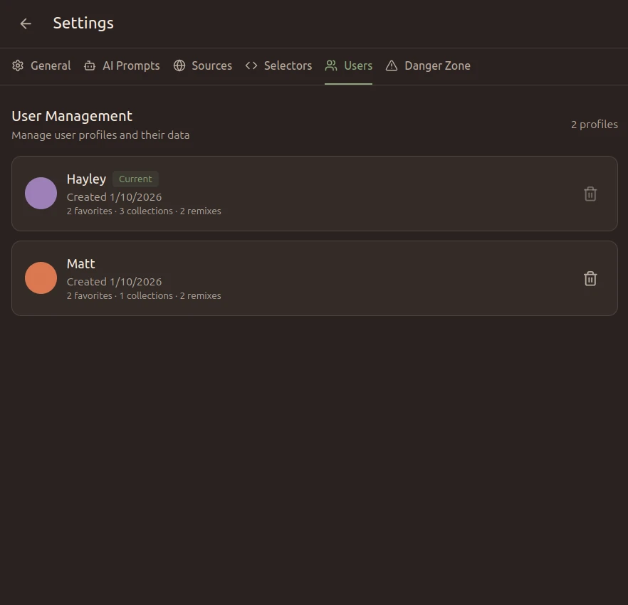 Settings page showing user management