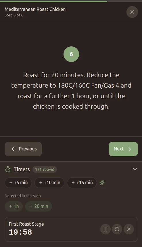 Mobile cooking mode with active timer