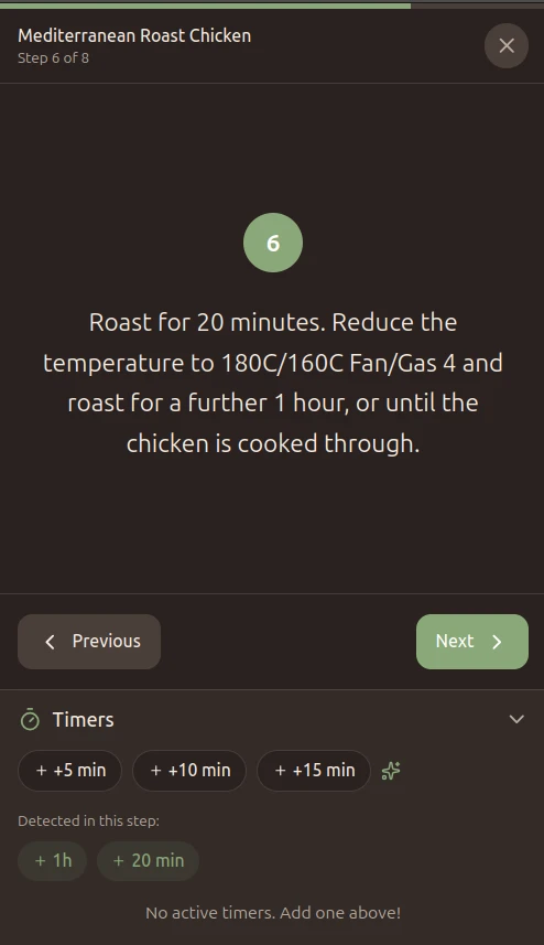 Mobile cooking mode showing timers