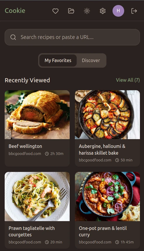 Mobile home screen with recently viewed recipes