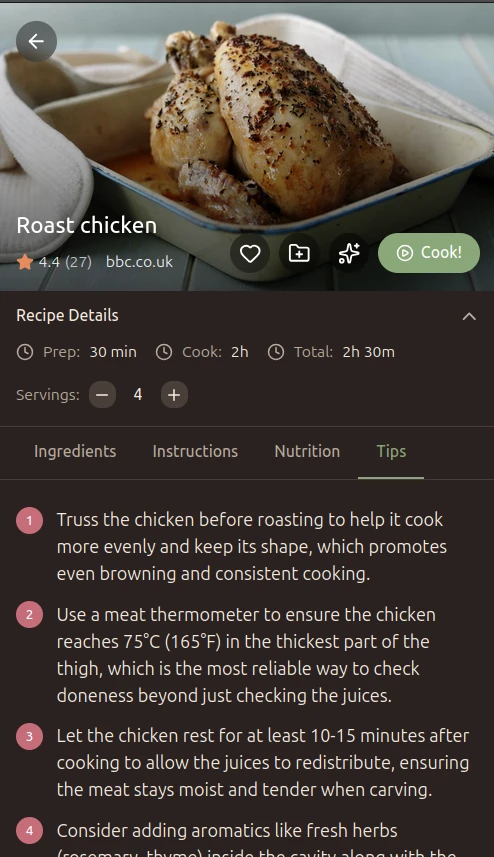 Mobile recipe instructions scrolled