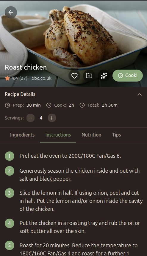 Mobile recipe detail showing instructions