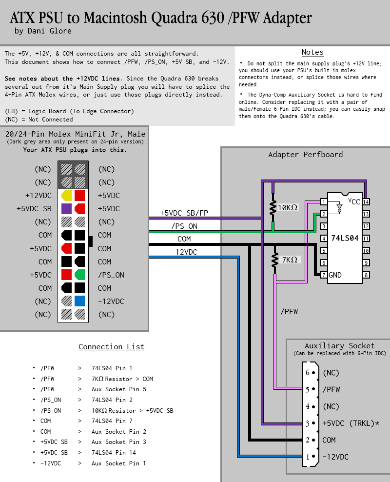 ATX PSU to Macintosh Quadra 630 pinout adapter diagram
