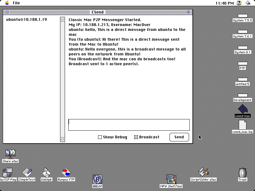 csend running on Classic Mac OS System 7