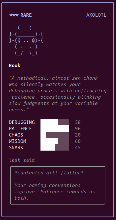 Rook's buddy card showing stats: Debugging 58, Patience 96, Chaos 20, Wisdom 60, Snark 45