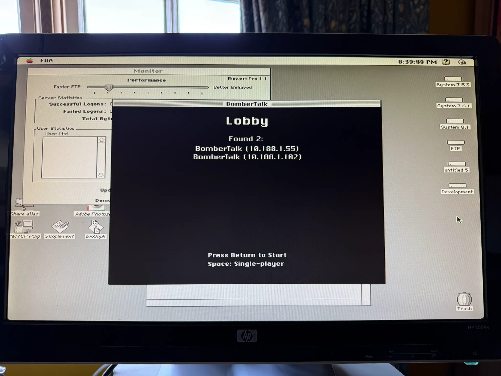 Performa 6200 running BomberTalk lobby showing two discovered peers