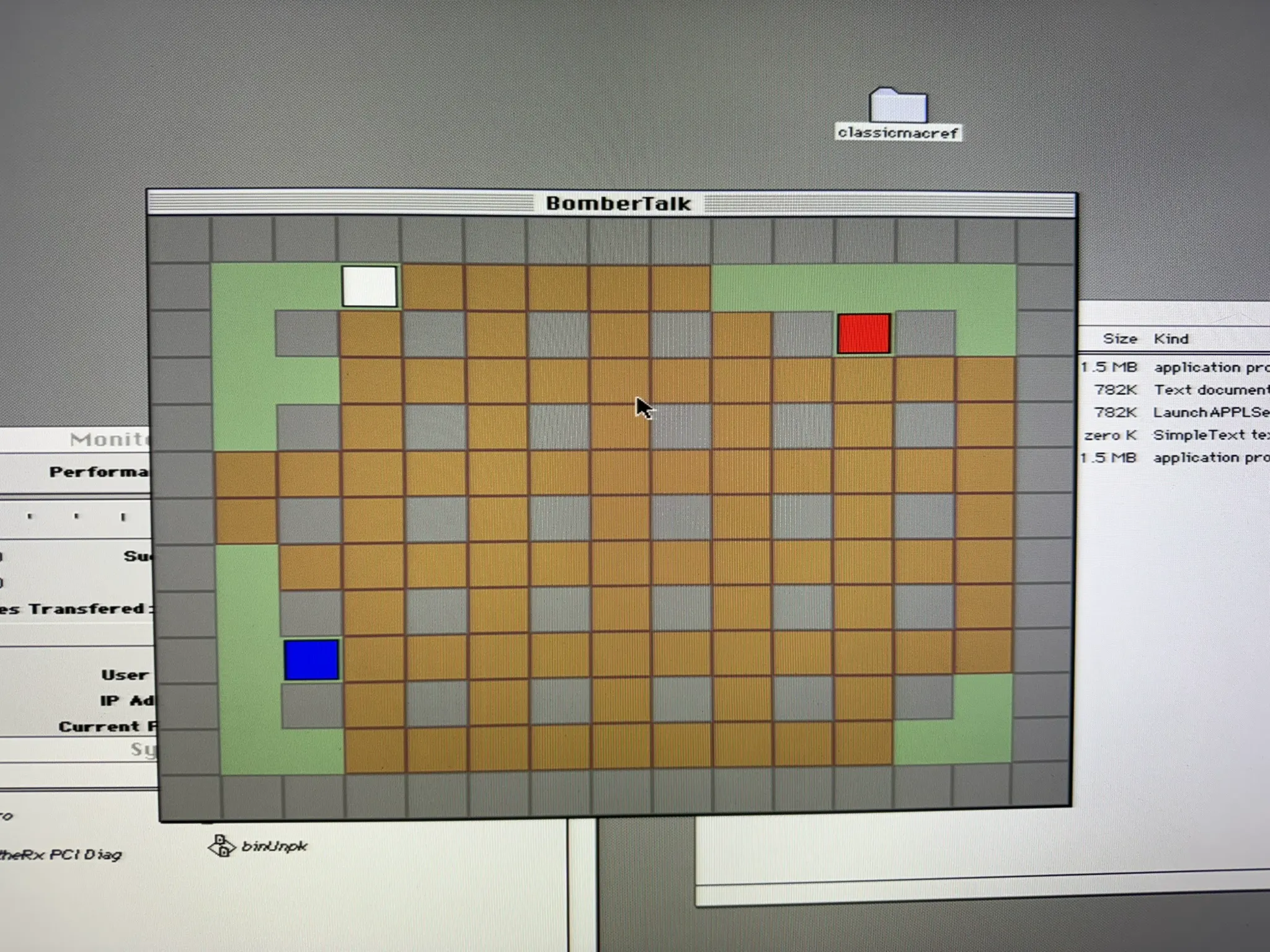 Close-up of BomberTalk gameplay showing player blocks and grid