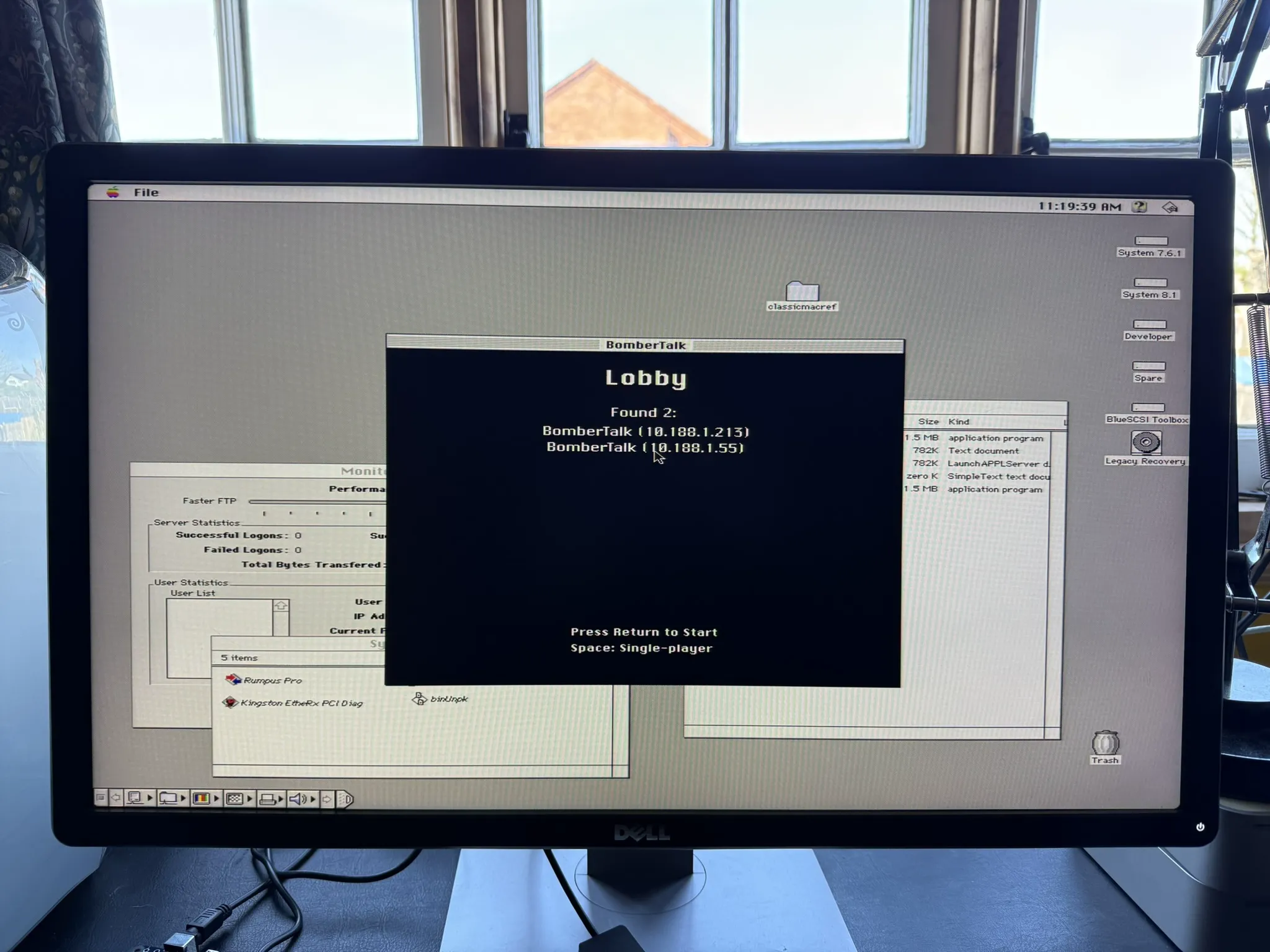 Performa 6400 running BomberTalk lobby showing two discovered peers