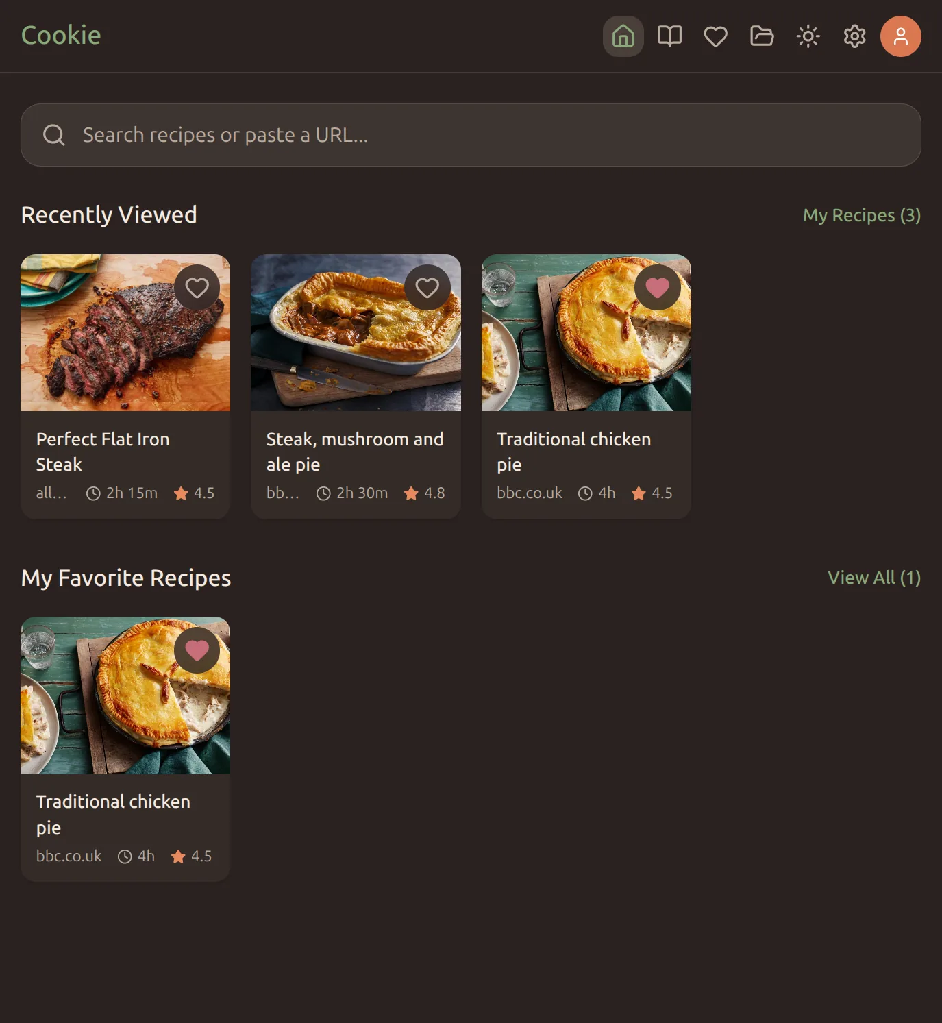 Home screen with recently viewed recipes (dark)