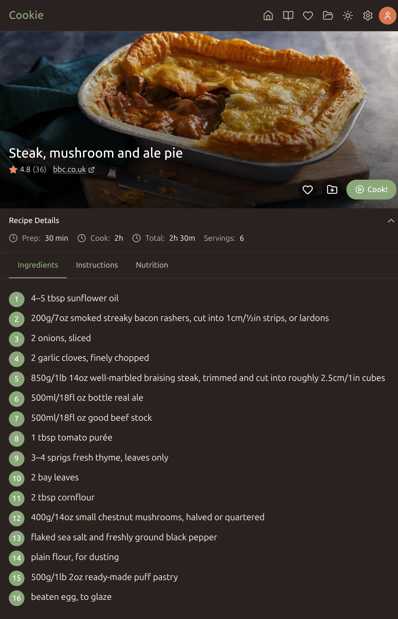 A recipe page with ingredients and step-by-step instructions