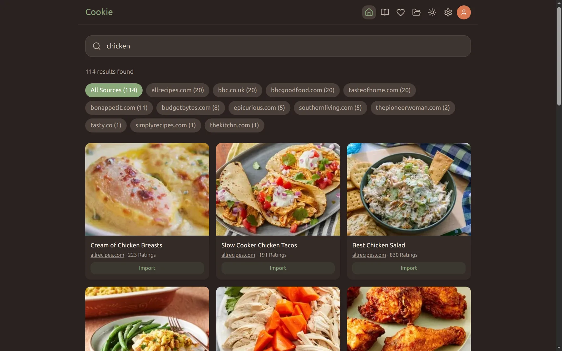 Search results across multiple cooking websites