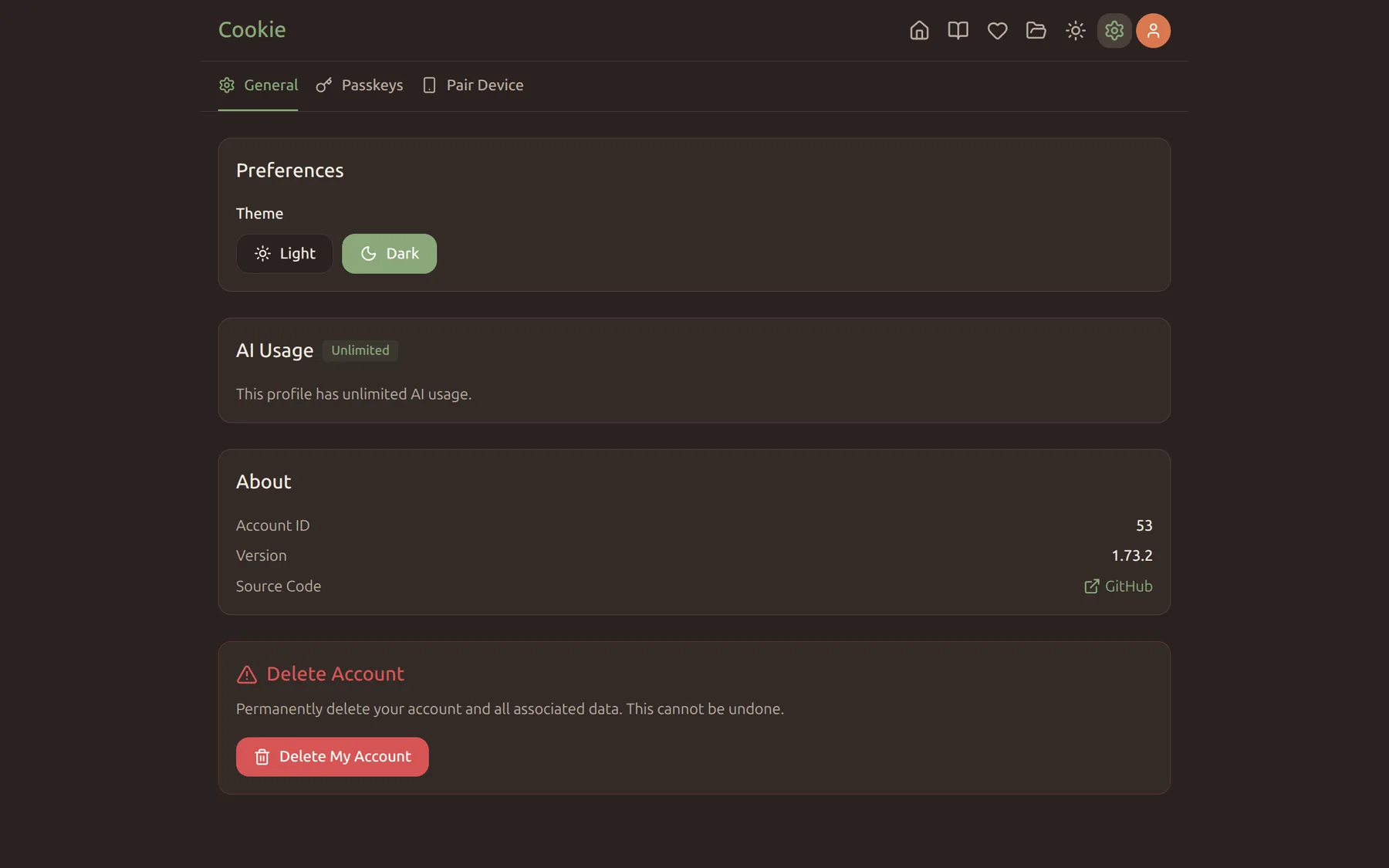 Settings screen