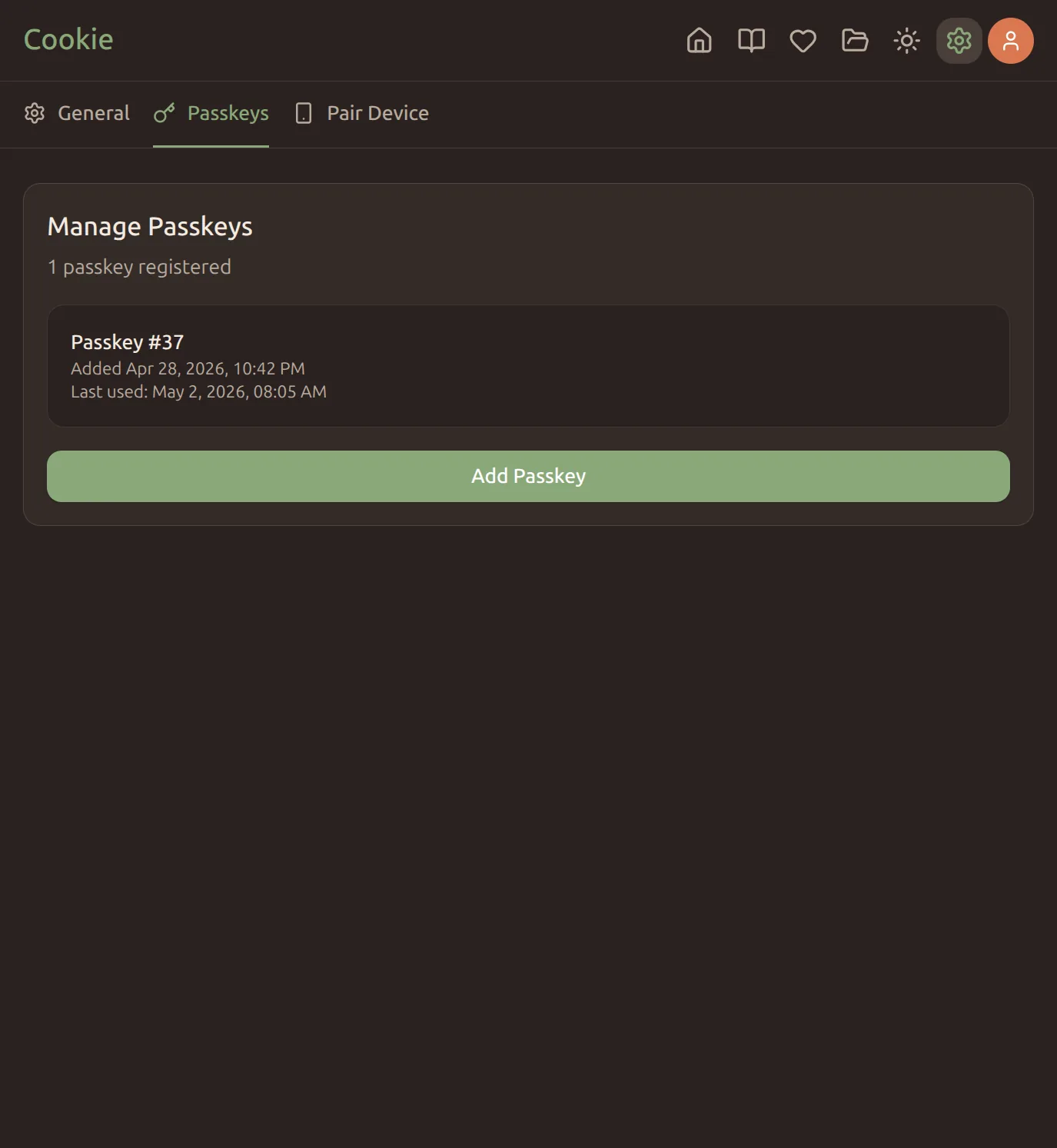 Passkey management screen