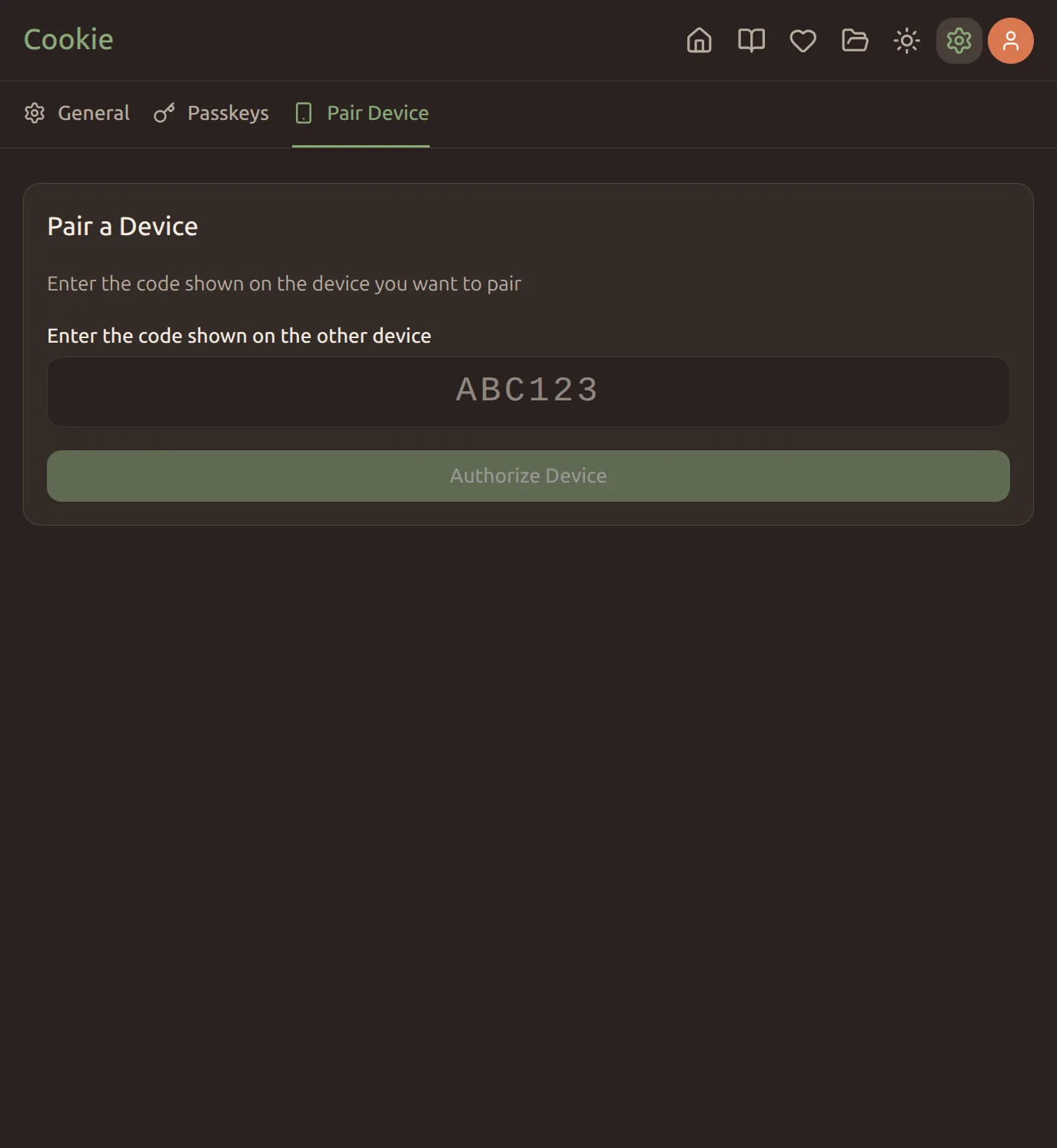 The pair-a-device screen showing a one-time code