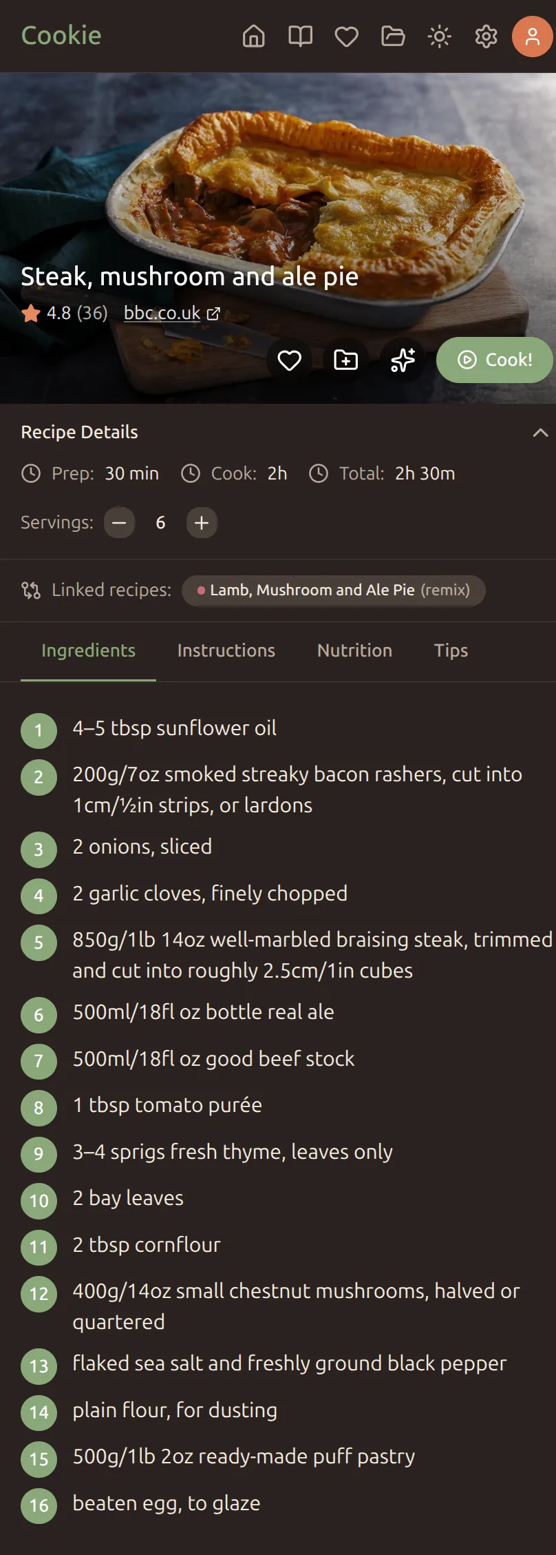 Mobile recipe detail (dark)