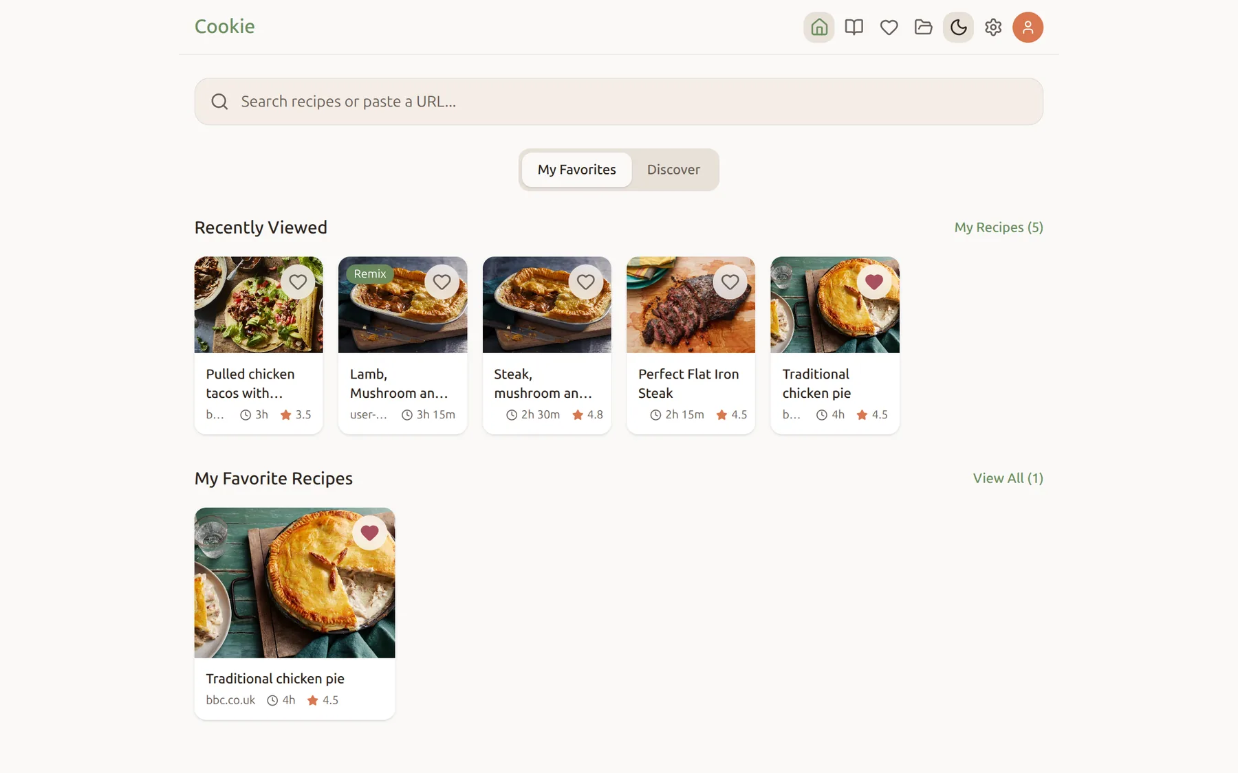 Home screen with recently viewed recipes (light)