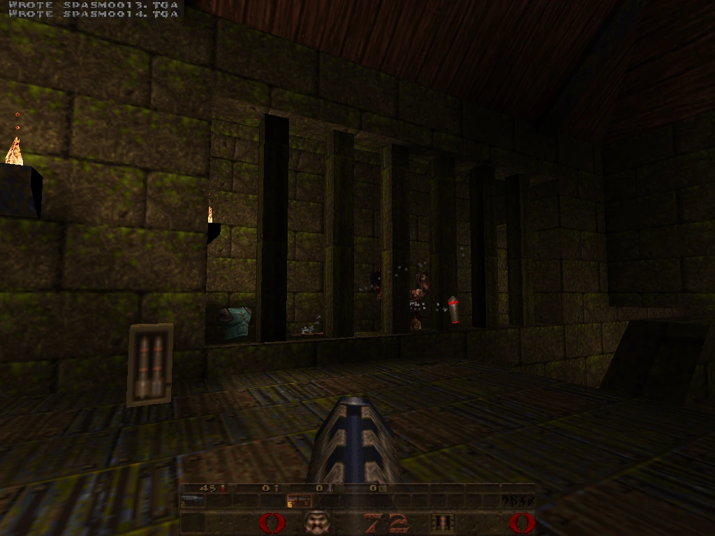 mini-g4 — pillared corridor with torches and a distant enemy, super-shotgun in hand