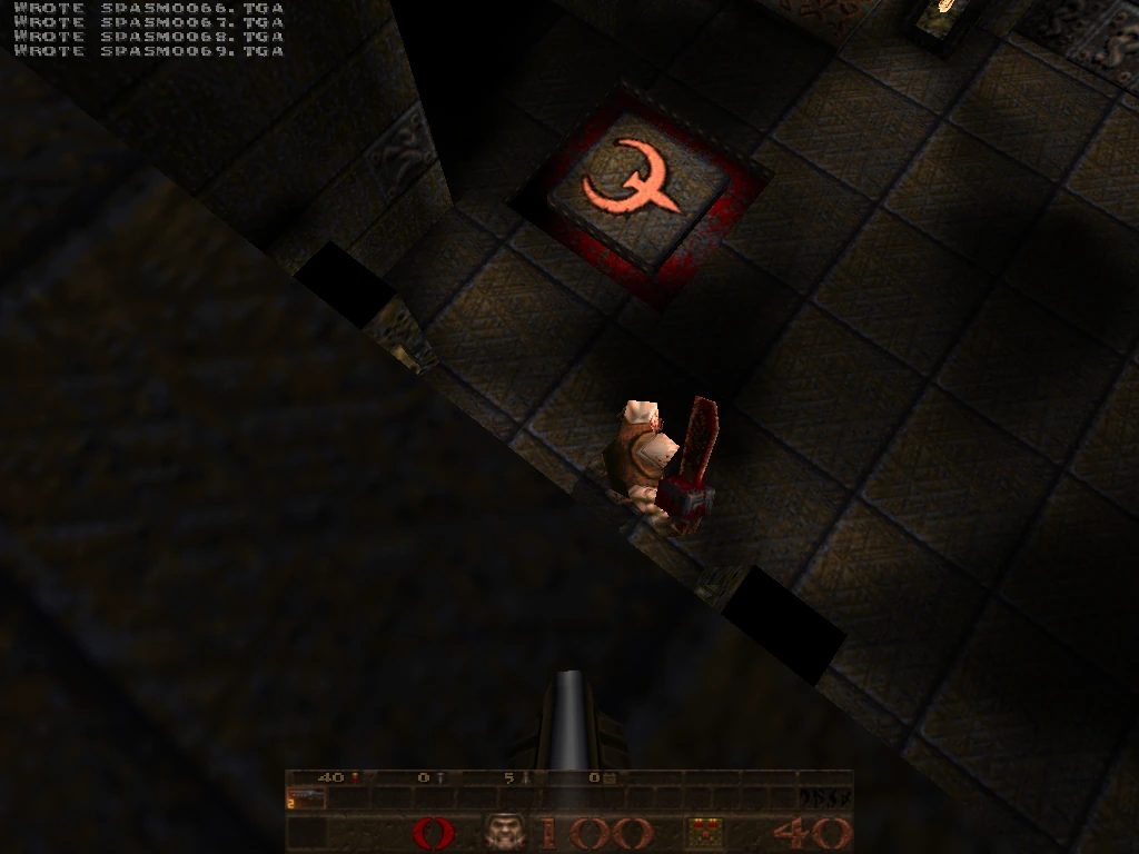 mini-intel — slipgate hub looking down at the Q-rune floor logo and ornate carved walls