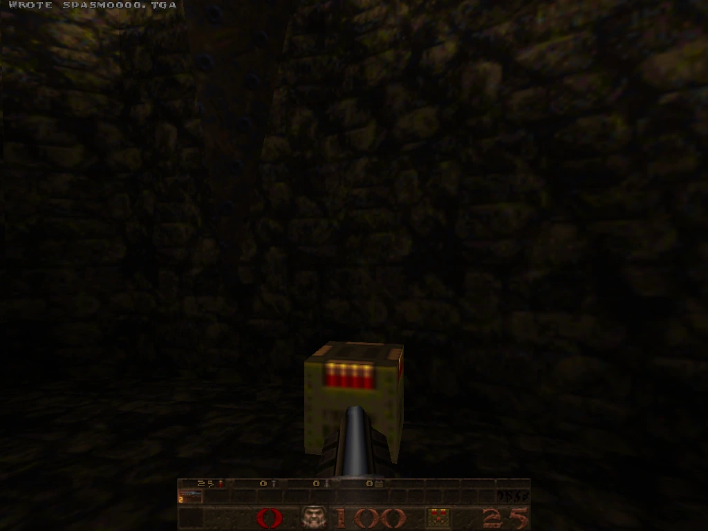 quicksilver — looking down at an ammo crate in a wooden room with mossy stone walls