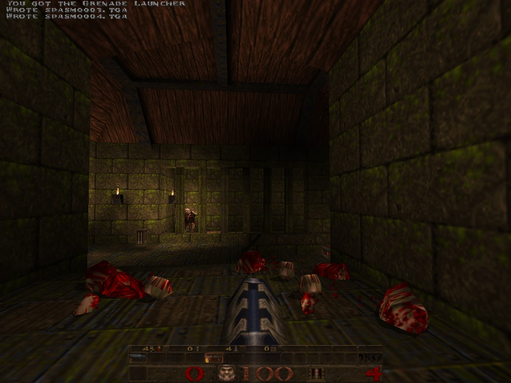 QuakeSpasm on quicksilver (2001 PowerMac G4 733 MHz, Radeon 9000) — gibbed grunts on the floor with another in the doorway