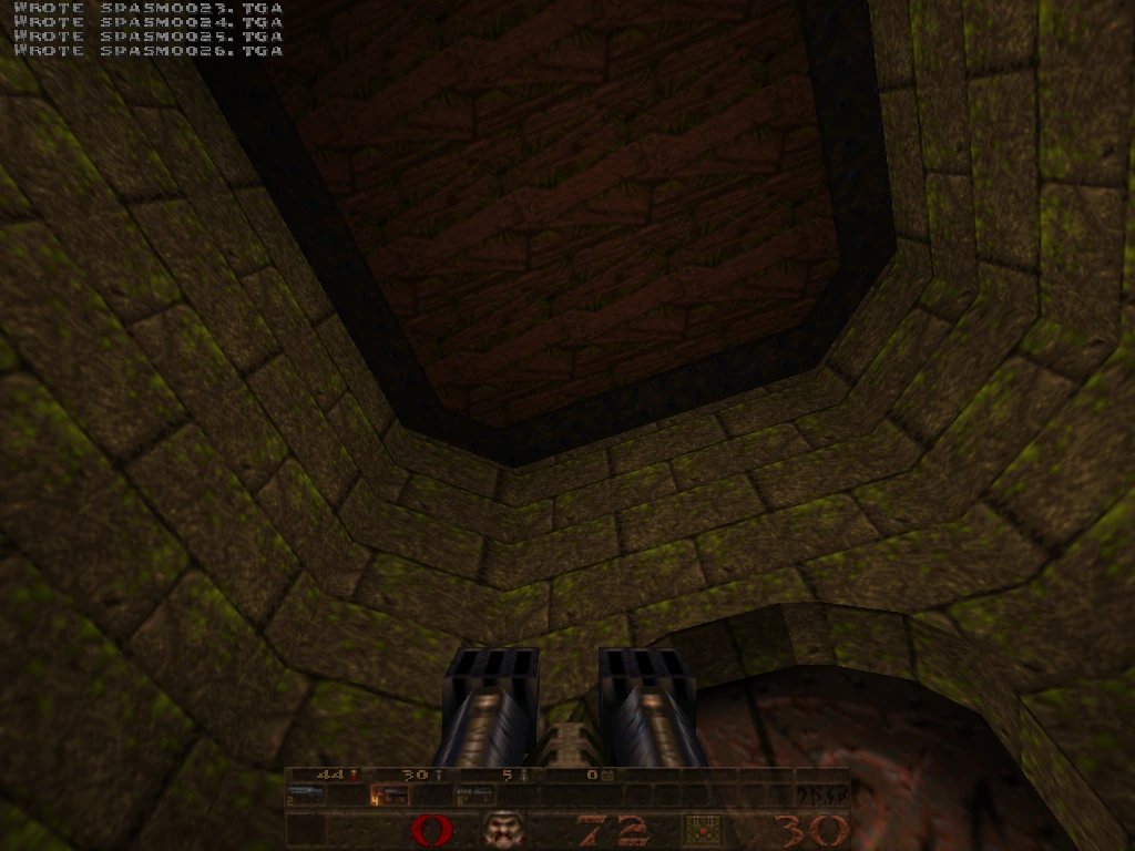 quicksilver — looking up at a wooden ceiling section, mossy stone walls and an open ledge above