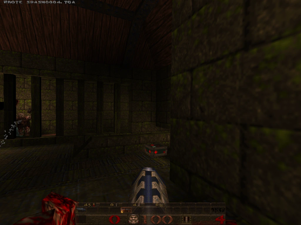 sawtooth — pillared hall with a distant grunt and ammo box, gibs on the floor