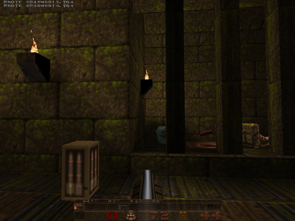 sawtooth — torch-lit pillared corridor, super-shotgun in hand