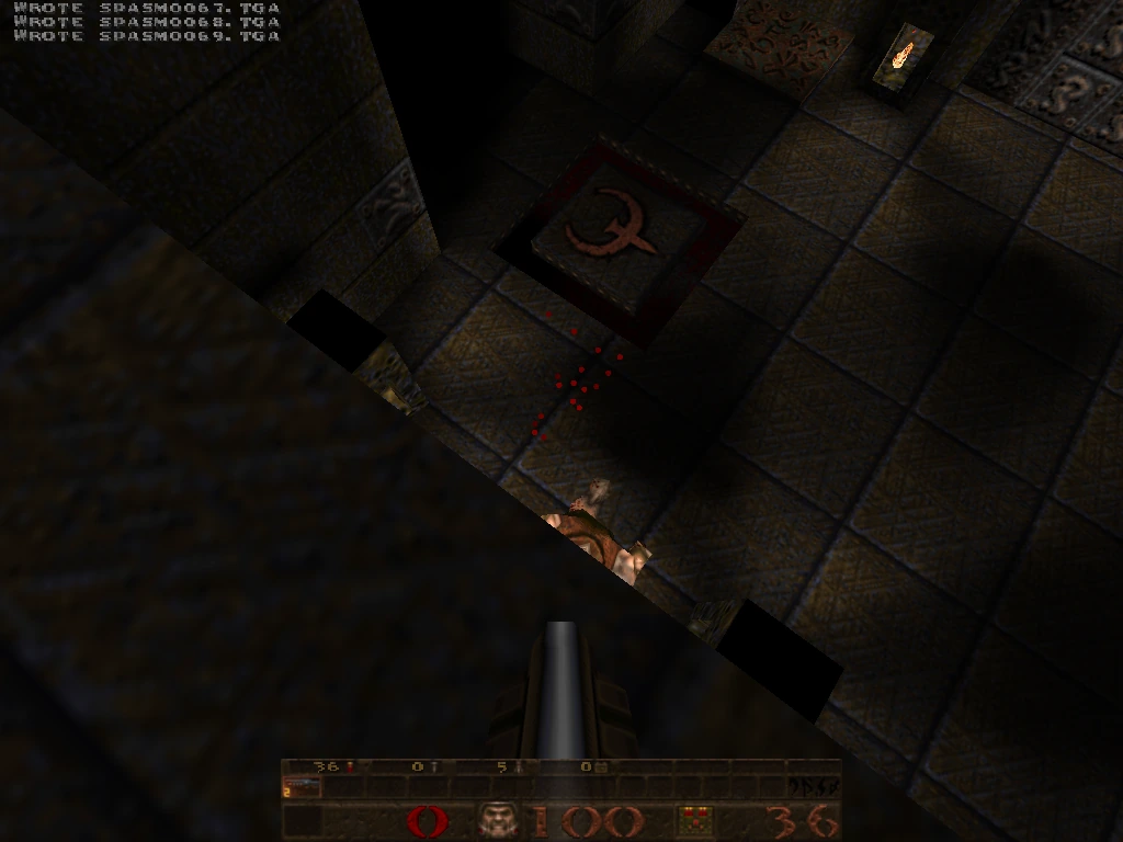 sawtooth — Quake Q-rune logo banner glowing in the slipgate area