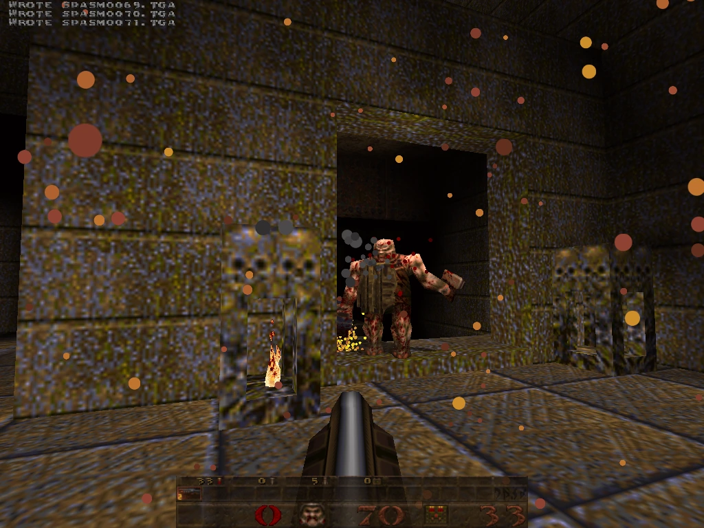 QuakeSpasm on sawtooth, a 1999 PowerMac G4 AGP with a GeForce2 MX — combat scene with explosions and dynamic lighting