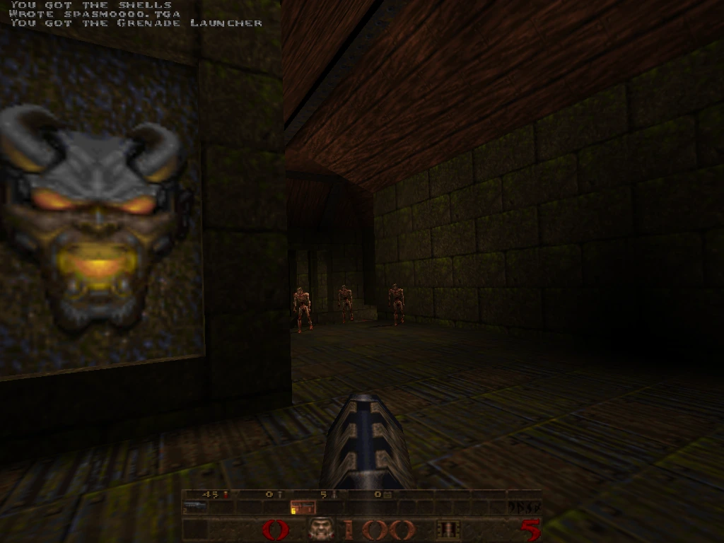 yosemite — three grunts patrolling the demon-banner corridor with the player wielding a grenade launcher