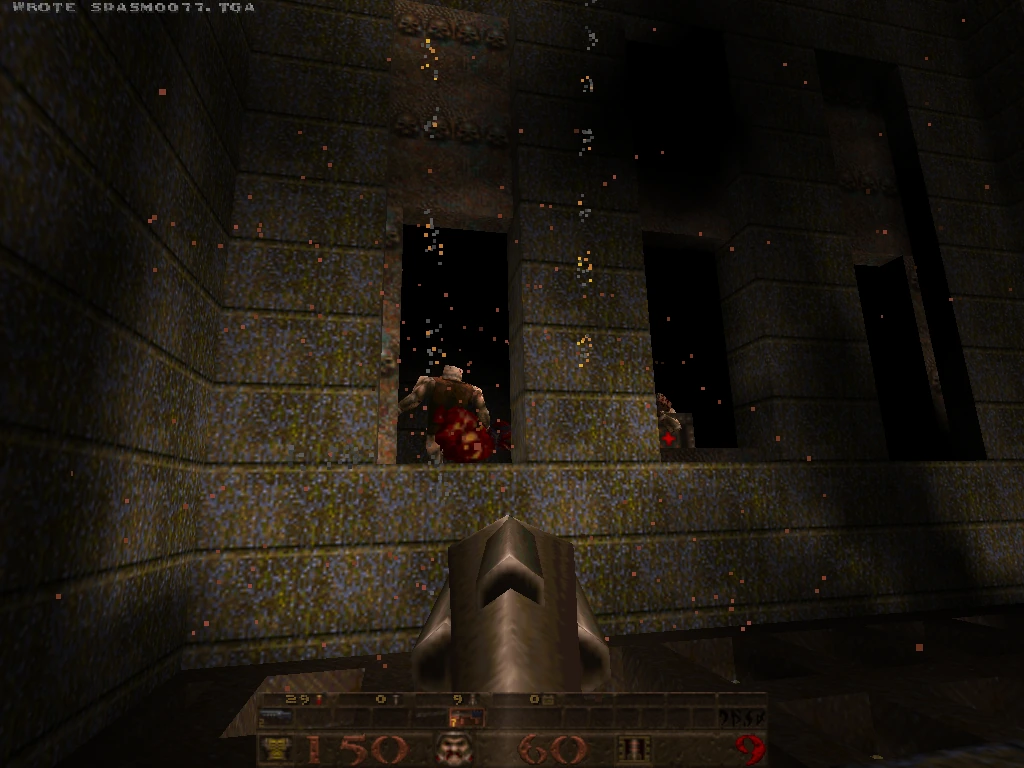 yosemite — combat in a tall stone room, ogres in doorways and grenade-explosion sparks raining through the air