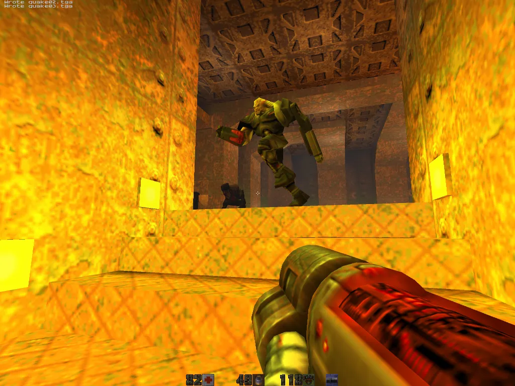 Quake II on mini-g4, a 2005 Mac mini G4 with a Radeon 9200: Gladiator in a gold-lit room with the BFG raised