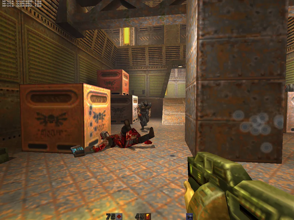 mini-intel, gibbed soldier in a hangar with crates and a Strogg in the doorway