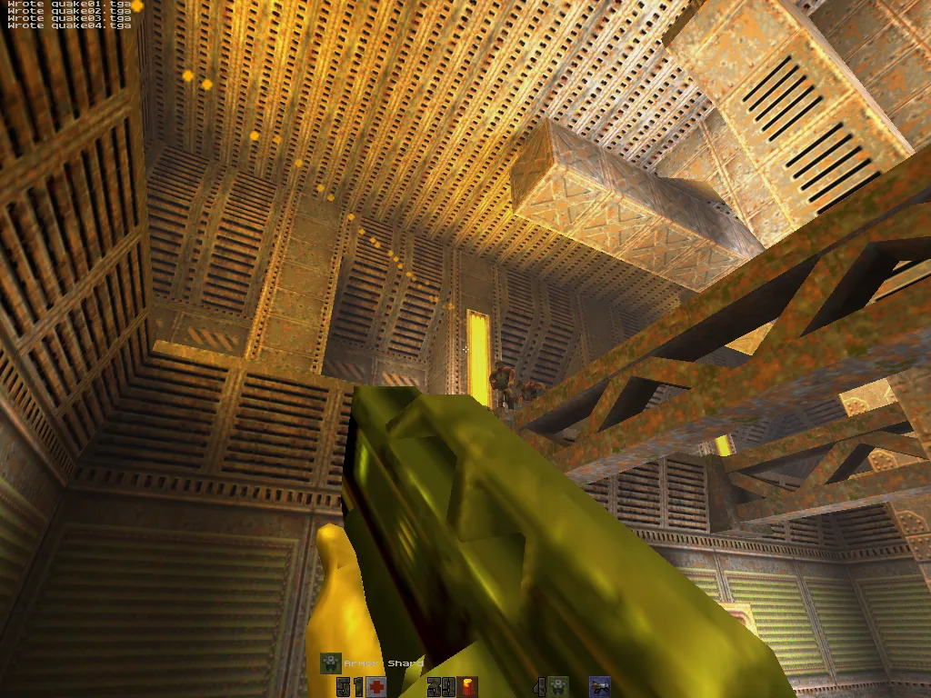 mini-intel, looking up at a gold-lit girder ceiling with the chaingun in hand