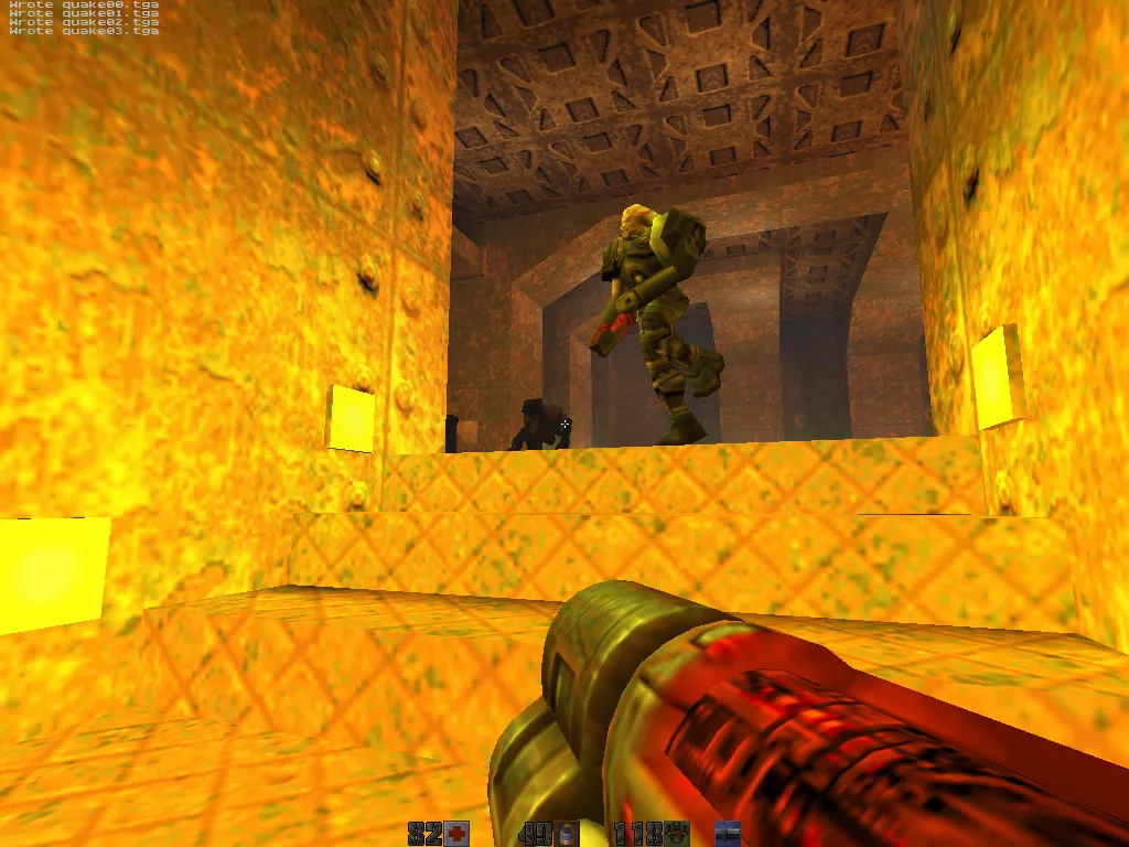 mini-intel, Gladiator in a gold-lit room, BFG raised, yellow wall lights