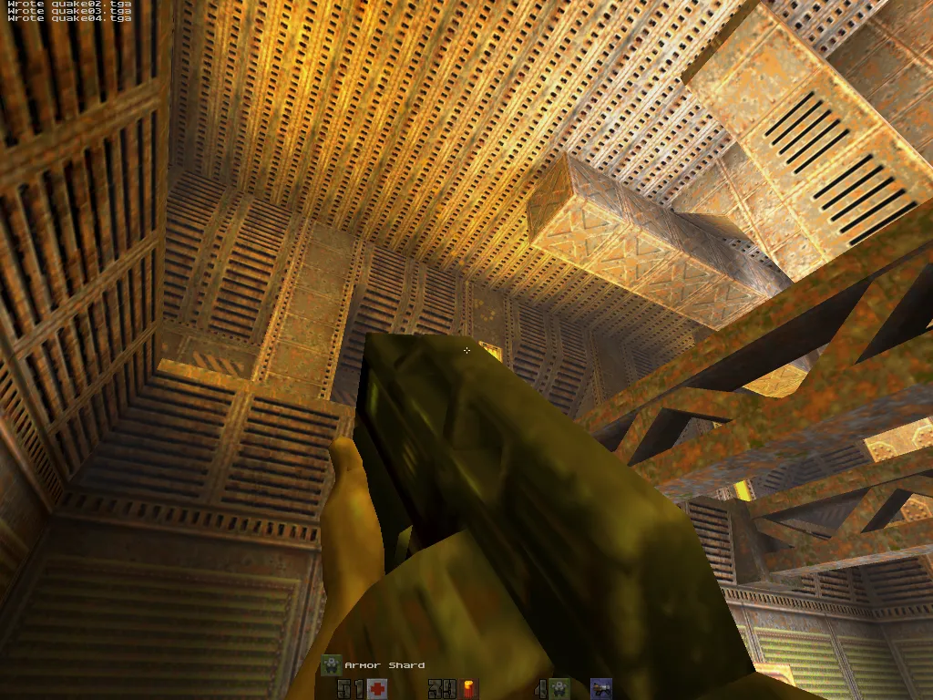 quicksilver, looking up at a gold-lit girder ceiling with the chaingun in hand