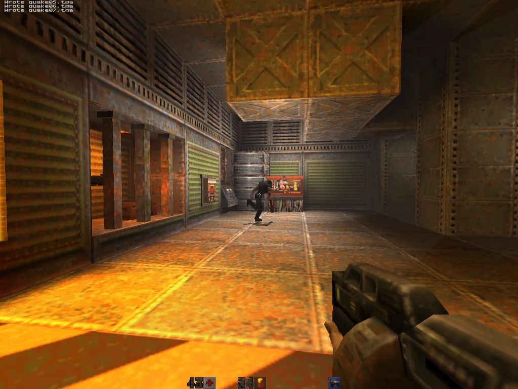 quicksilver, Strogg running across a warmly lit corridor with yellow tile reflections on the floor
