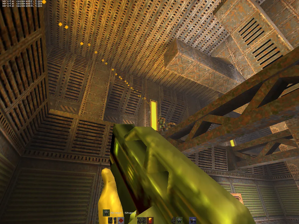 sawtooth, looking up at a gold-lit girder ceiling with the chaingun, dynamic-light halos visible along the ceiling beams
