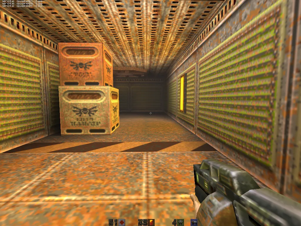 sawtooth, crates stacked in a green-lit corridor with a glowing yellow wall light at the far end