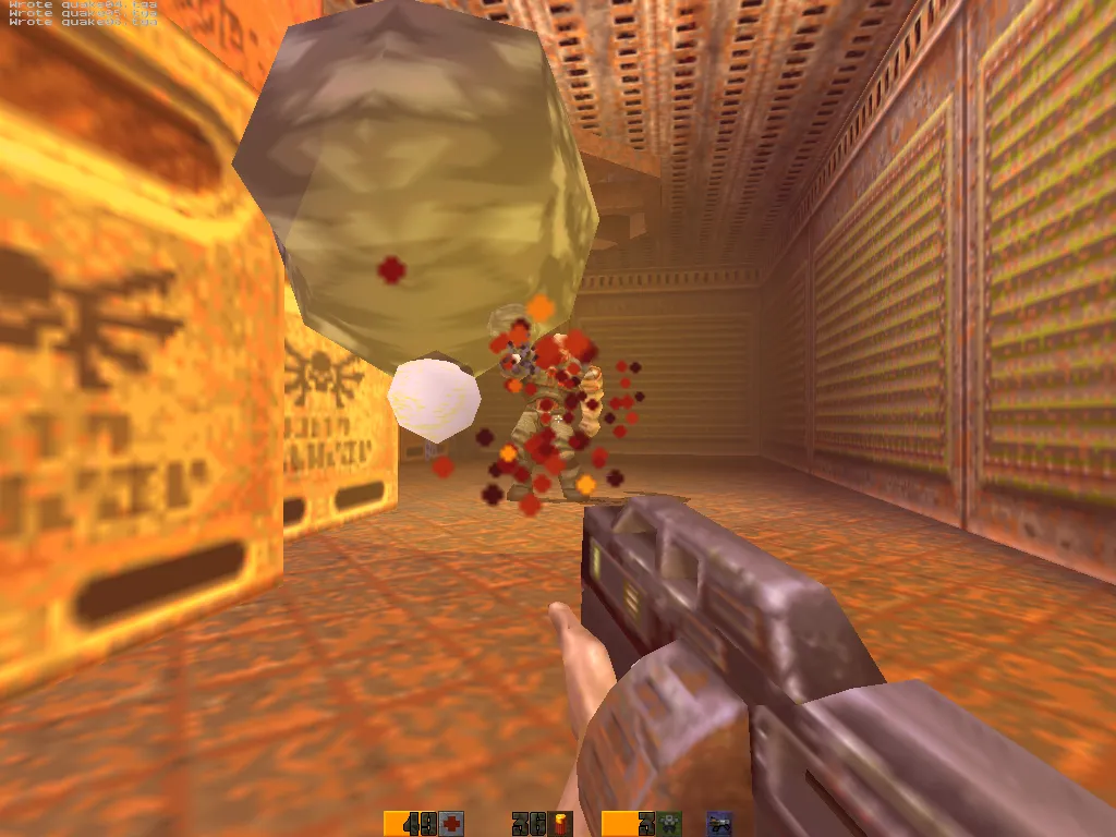 Quake II on sawtooth, a 1999 PowerMac G4 AGP with a GeForce2 MX: BFG ball with red decal sparks around a Strogg