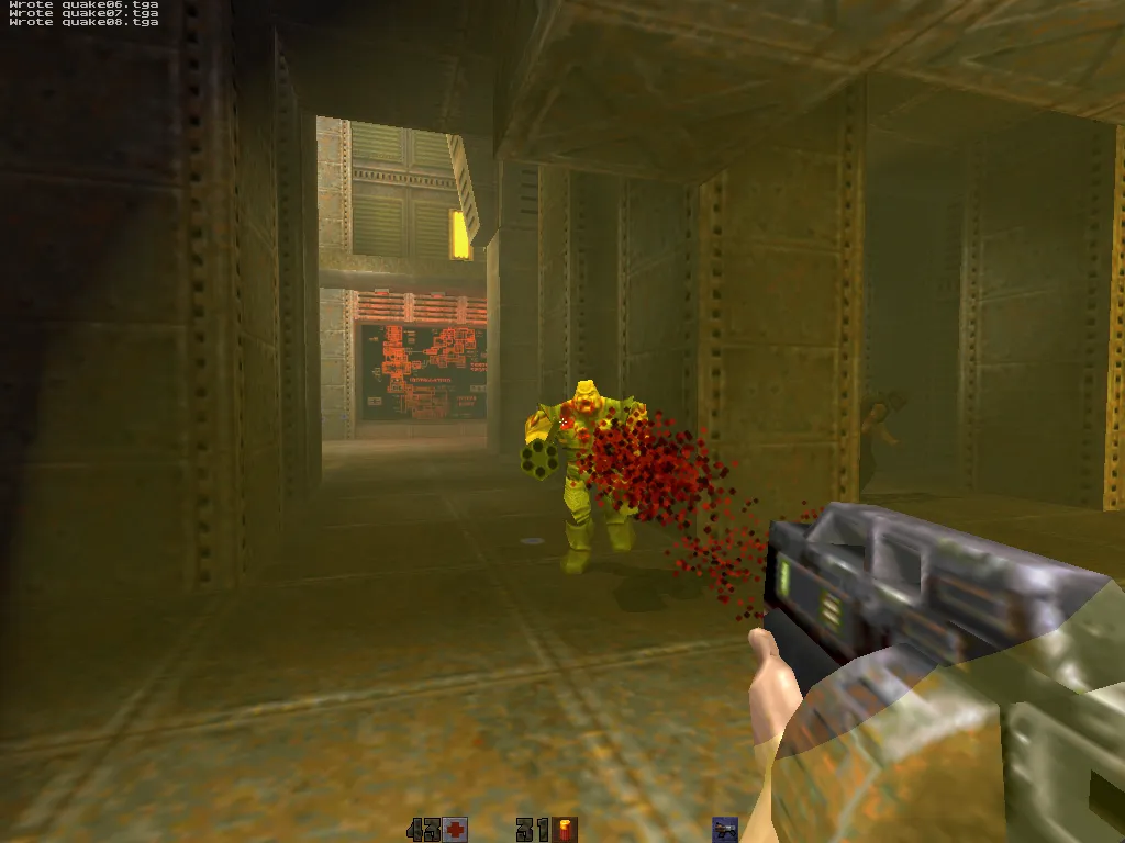 Quake II on sawtooth: Gladiator getting hit by the Super Shotgun, red bullet-impact decals spraying off the body