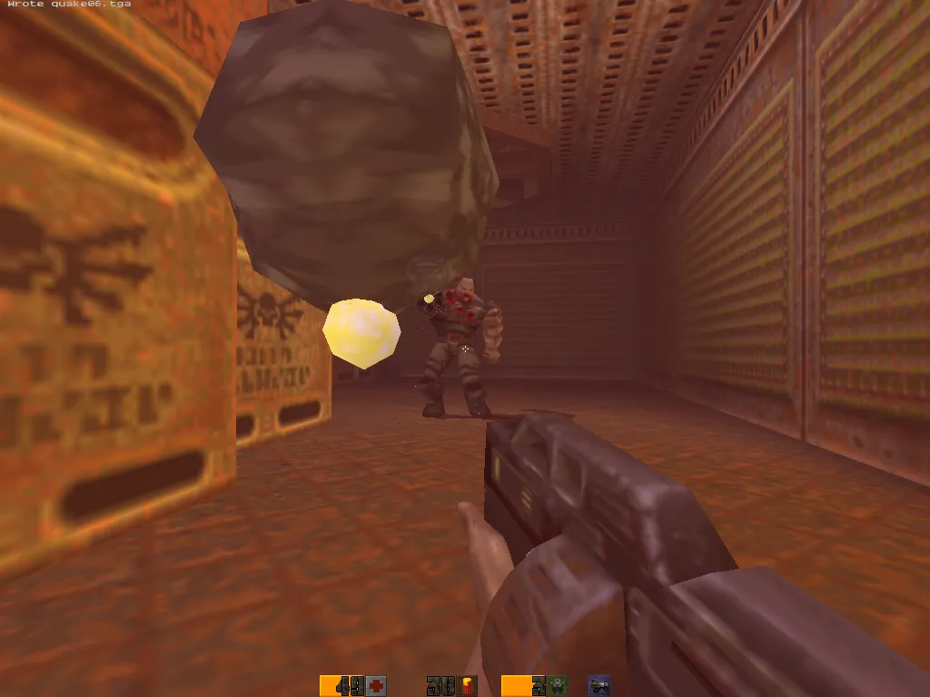 Quake II on yosemite, a 1999 PowerMac G3 with an ATI Rage 128: BFG ball mid-flight with hyperblaster spray and a Strogg in the corridor