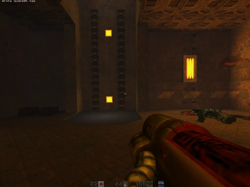 yosemite, yellow elevator squares glowing on a tall door, dead body on the floor with the chaingun raised